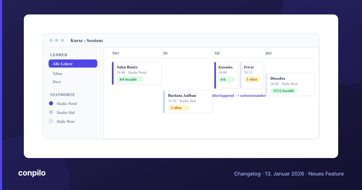 Changelog-Titelbild: Sessions-Kalender mit Farben und Filtern